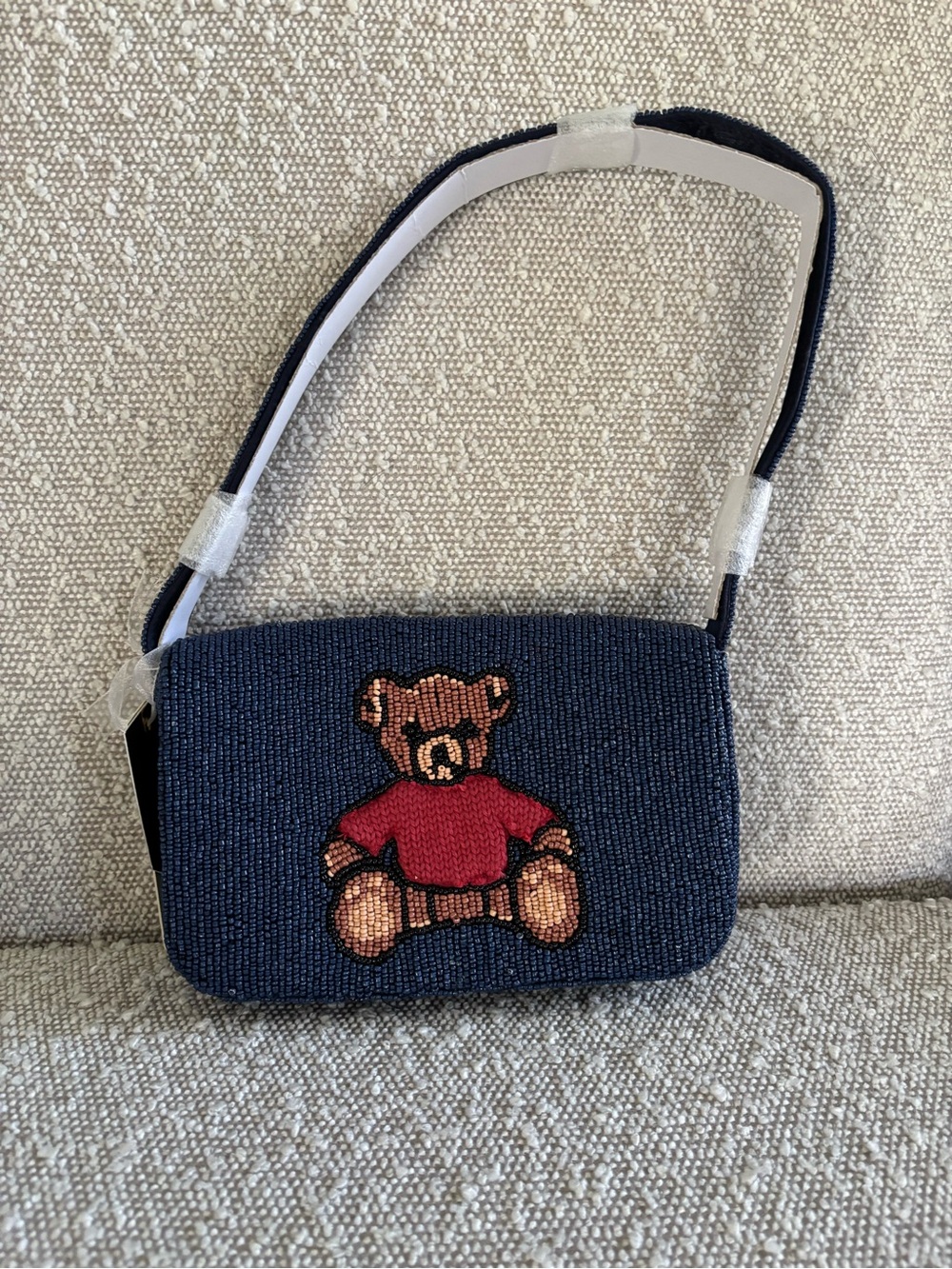 Navy Beaded Teddy Shoulder Bag with Red Accent